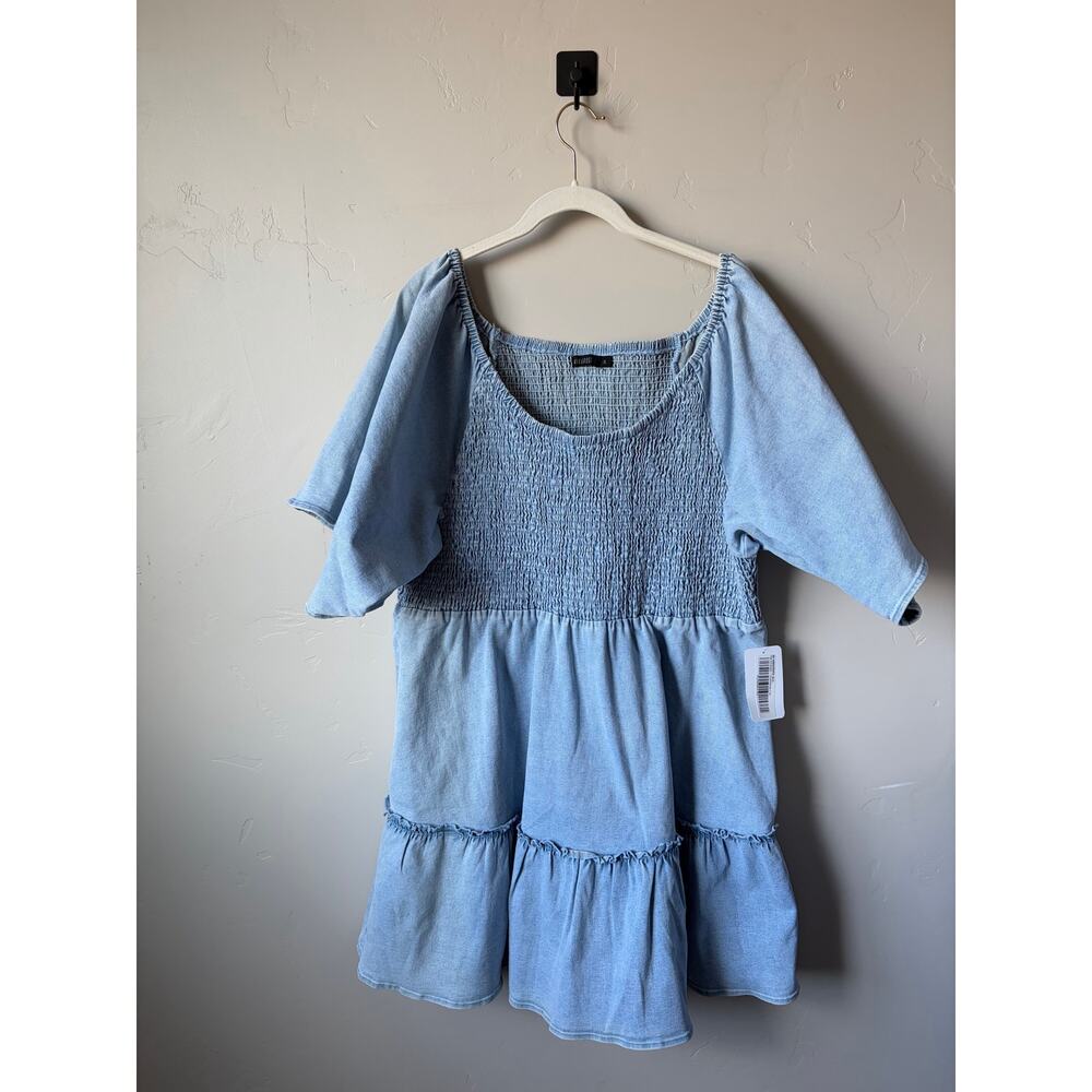 Mikarose Chambray Blue Denim Knee Length Smocked Bodice Flutter Sleeve NWT Sz XL - Picture 4 of 6